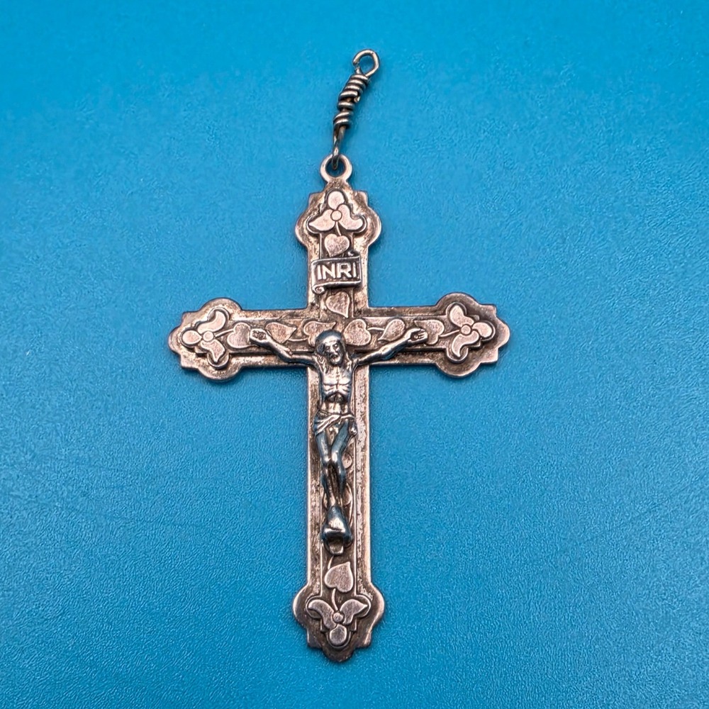 Vintage Sterling Silver Chris INRI Crucifix Pendant Heart Trefoil Cross 2 inch